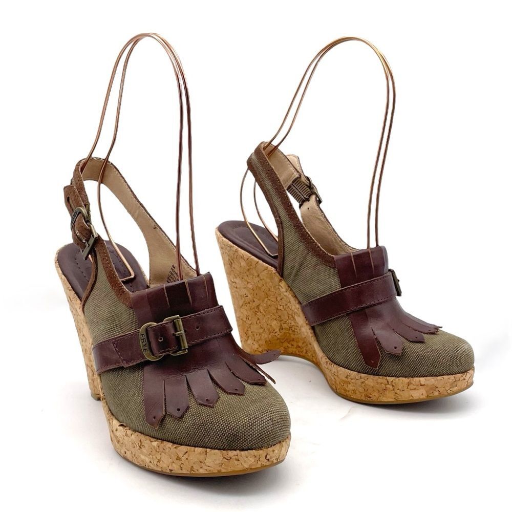 Frye Pepper Kiltie Wedge Sandals Sz 6 Brown Leather Canvas Cork Slingback Buckle